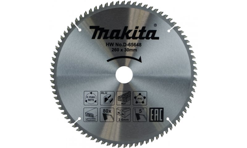 Makita D-65648 Multi Purpose Tct Saw Blade 260mm x 80t x30mm