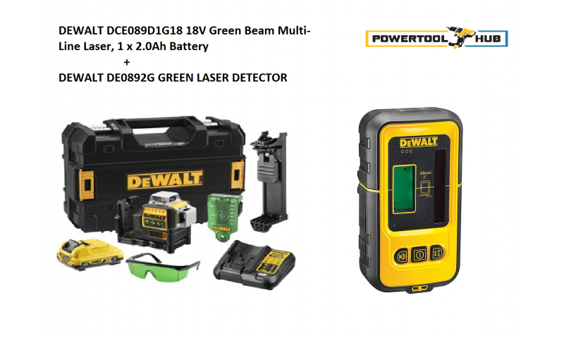Dewalt DCE089D1G-GB 10.8V Green 360° Cross Line Laser + DeWalt DE0892G Green Detector