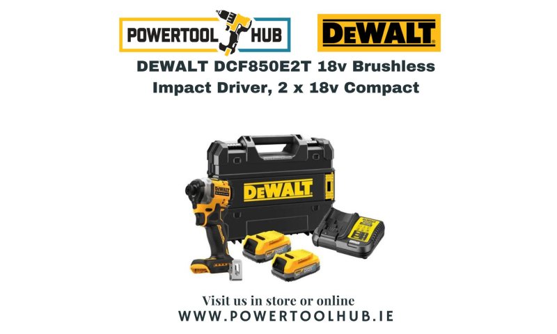 DEWALT DCF850E2T 18v Brushless Impact Driver, 2 x 18v Compact Powerstack Batteries