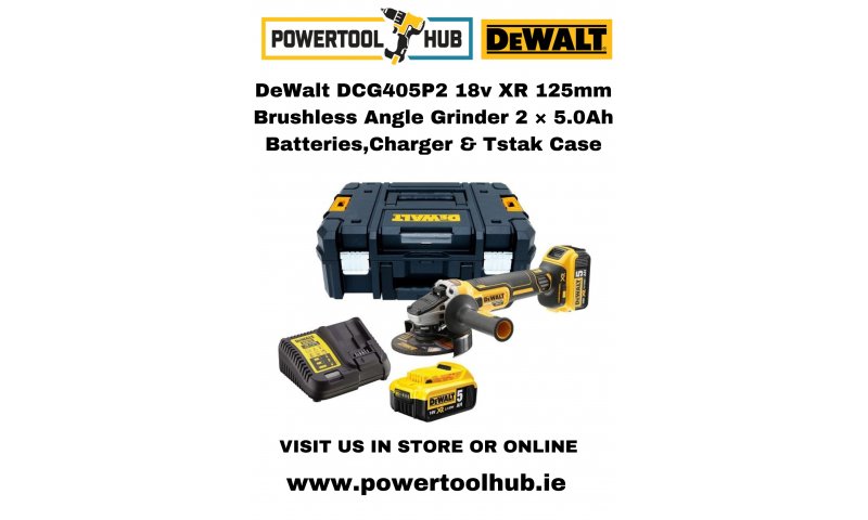 DeWalt DCG405P2 18v XR 125mm Brushless Angle Grinder 2 × 5.0Ah Batteries,Charger & Tstak Case