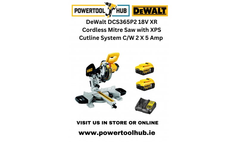 DeWalt DCS365P2 18V XR Cordless Mitre Saw with XPS Cutline System C/W 2 X 5 AMP BATTS