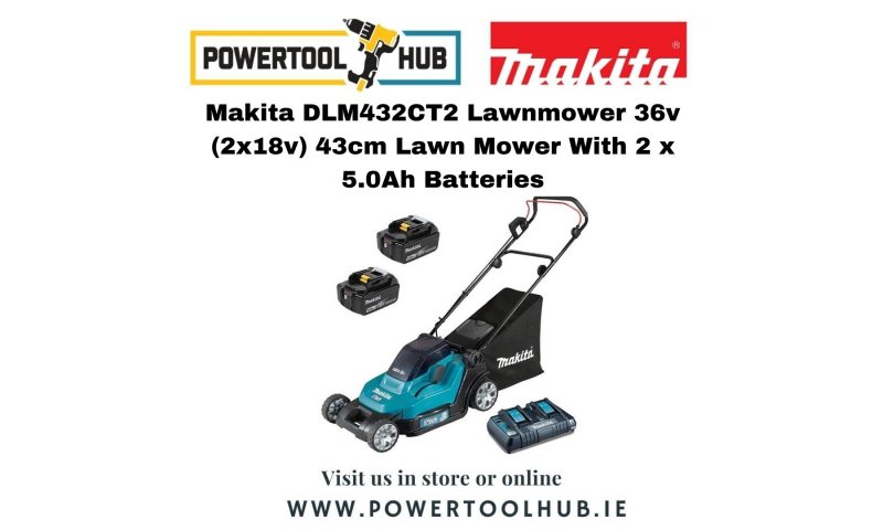 Makita DLM432CT2 Lawnmower 36v (2x18v) 43cm Lawn Mower With 2 x 5.0Ah Batteries