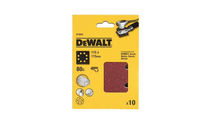 DeWalt DT3022-QZ 1/4 Sheet Sanding Sheets Pre-Punched 115 x 115mm 80g (10)