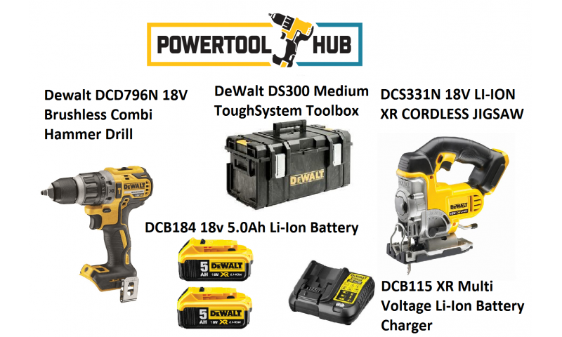 Dewalt Kit PTH 2 Dcd796n Drill + Dcs331n Jigsaw C/W 2 x 5 Amp Batts +Ds300 Medium Box