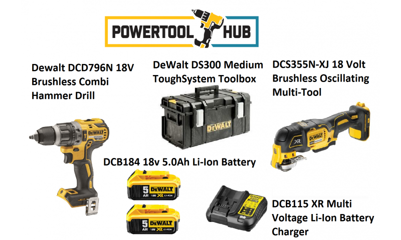 Dewalt Kit PTH 3 Dcd796n Drill + Dcs355n Multi Tool C/W 2 x 5 Amp Batts +Ds300 Medium Box