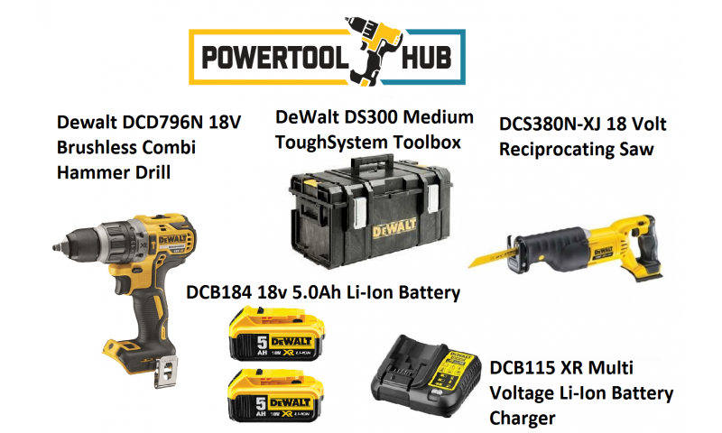 Dewalt Kit 4 Dcd796n Drill + Dcs380n Sabre Saw C/W 2 x 5 Amp Batts +Ds300 Medium Box