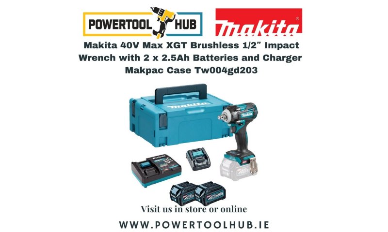 Makita 40V Max XGT Brushless 1/2″ Impact Wrench with 2 x 2.5Ah Batteries and Charger with ADP10 Adapter in a Makpac Case Tw004gd203